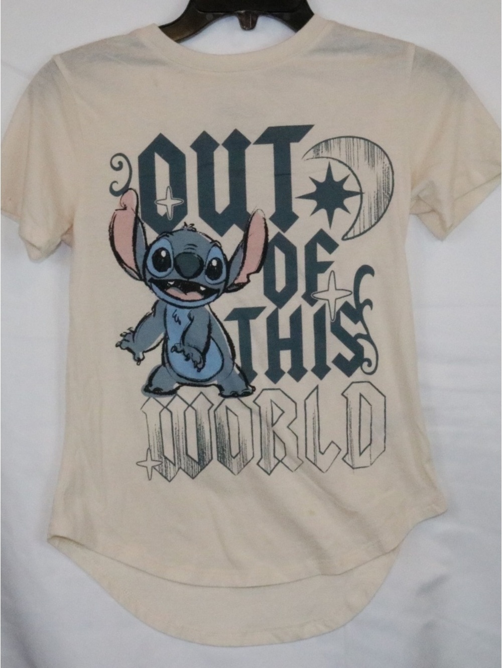 Disney Stitch Out Of This World T-Shirt Junior Size XS Ivory Short Sleeve Tee